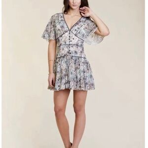 Free People - Green & White Floral Flutter Sleeve Dress Sz 2